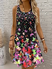 ieftine Animale rochii-Pentru femei Rochie Mini Rochie casual Rochie de Vară Rochie A line Rochie cu umeri Vacanță Casual Concediu Plajă Fit regulat Ombre Grafic Fluture Fără manșon Stil Nautic Scoateți gâtul Colourful