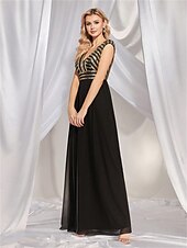 baratos PRETO-Vestidos Quinceanera A-Line Vestido Elegante Formal Comprimento de Chão Sem Mangas Decote V Chiffon Costas em V com Pregas