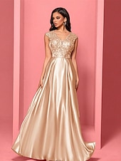 abordables Champagne-Robe A-Line Quinceanera Robes Élégante Robe de Mariage Formelle Longueur Maxi Sans Manches Col V Polyester avec Plis