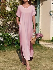 abordables Robe blanche-Femmes Robe maxi Robe d&#039;été Occasionnel Quotidien Coupe régulière Uni Manche Courte Col en V Noir Rose Claire Vert Été