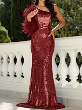 preiswerte BLAU-Schwarze Krawatte Meerjungfrau  Trompete Abendkleid Elegantes Kleid Formal Hochzeit Sweep  Brush Zug Ärmellos Eine Schulter Pailletten mit Feder