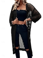 abordables Manteaux &amp; trenchs-Femmes Veste Décontractée Respirant Confortable Découpé Occasionnel Uni Vacances Rue Occasionnel Tenue quotidienne Ouvert devant Long Sans Col Coupe régulière Manche 3/4 Vêtements d&#039;extérieur Noir