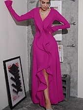 preiswerte ROT-Meerjungfrau  Trompeten Abendkleid Elegantes Kleid Formale Hochzeit Bodenlang Langarm V-Ausschnitt Stretch-Crêpe mit Rüschen