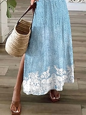 abordables Robes fleuries-Femmes Robe maxi Robe Décontractée Robe d&#039;Été Robe trapèze Élégant Vacances Occasionnel Fête Plage Coupe régulière A Ombre Fleuri Graphique Manche Courte Col en V Vert Claire Bleu Ciel Été Printemps