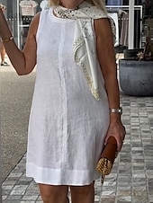 preiswerte Kleider aus Baumwolle und Leinen entwerfen-Damen Minikleid Freizeitkleid Klassisch Modern Urlaub Täglich Ferien Normale Passform Einfach Ärmellos Rundhalsausschnitt Schwarz Weiß Khaki Sommer