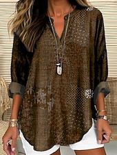 cheap Boho Tops-Women&#039;s Blouse Floral Graphic Leaves Bohemia Vintage Tropical Long Sleeve V Neck Regular Tops Daily Holiday Beach Wear Print Sage Green Red Navy Blue Dusty Blue Brown Summer Spring
