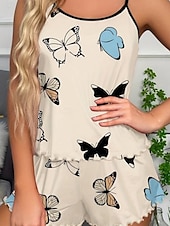 billige Søvnoverdeler og -nederdeler for kvinner-Dame Pyjamas Sett Fritid Komfort Sommerfugl Elastisk midje Stropp Topp Shorts Hjem Daglig Langermet stropper Rosa Blå Beige Sommer Normal