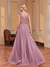 economico BLU-Abiti per Quinceanera A-Line elegante abito formale per matrimonio lunghezza del pavimento senza maniche scollo a V tulle con schiena a V e paillettes