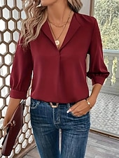 abordables Blusas Sencillas-Mujer Blusa Color sólido Elegante Básico Casual Manga 3/4 Cuello Camisero Tops regulares Oficina Trabajo Negro Vino Verde Trébol Verano Primavera Otoño