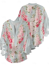 Χαμηλού Κόστους Ανθισμένα Τοπ-Γυναικεία Μπλούζα Φλοράλ Στυλάτο Μοντέρνα 3/4 Μήκος Μανικιού Λαιμόκοψη V Κανονικά μπλουζάκια Καθημερινά Αργίες Με Βολάν Στάμπα Μαύρο Θαλασσί Πράσινο του τριφυλλιού Σομόν Καλοκαίρι