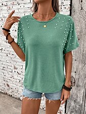 abordables T-shirt uni-Femmes T-shirt Uni Mode Élégant Classique Manche Courte Col ras du cou Hauts Réguliers Quotidien Week-end Patchwork Vert Été Printemps