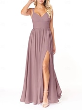 baratos Vestidos para Madrinhas-Vestido de dama de honra em corte A, decote em V, sem mangas, elegante, longo, em chiffon com pregas / frente aberta / franzido 2025