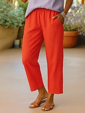 economico Pantaloni in lino e cotone semplici-Pantaloni da donna in cotone e lino, stile etnico vintage, alla caviglia, vita alta, tinta unita, comodi, traspiranti, morbidi, microelastici, verde militare, rosso scuro, nero, bianco, estivi, primaverili, vestibilità ampia.