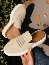 cheap Women&#039;s Clogs &amp; Mules-Women&#039;s Beige Flyknit Slip-On Mules– Lightweight Breathable Walking Shoes for Park Strolls, Travel &amp; Autumn Errands
