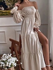 preiswerte Frauen schwarzes Kleid-Damen Langes Kleid Maxikleid Schößchen Kleider Mode Modern Outdoor Urlaub Ferien Normale Passform Einfach Dreiviertelarm Schulterfrei Schwarz Rote Beige Sommer