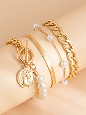 お買い得  結婚 ACC-レディースゴールドチェーンとパールブレスレットセット、ファッショントグルクラスプジュエリー、女の子と女性のためのエレガントなレイヤードスタイル、パーティー、結婚式、オフィス、普段使いに最適