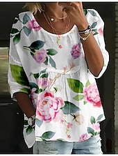 billige Blomstrete topper-Dame Bluse Blomstret Stilfull 3/4 ermer Crew-hals Vanlige topper Daglig Ferie Trykt mønster Hvit Navyblå Blå Himmelblå Kakifarget Sommer