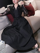 preiswerte Bodenlänge-A-Linie Brautmutter Kleid Eleganter Hemdkragen Knöchellang Polyester Langarm mit Spitze Gurt  Band