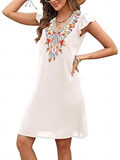 cheap Boho Dress-Women&#039;s Mini Dress Casual Dress Fashion Modern Elegant Dress Cap Sleeve Wedding Daily Date Regular Fit Floral Embroidery Sleeveless V Neck Black White Orange Summer