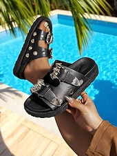 tanie Sandały typu slide-czarne sandały wsuwane damskie z metalową klamrą i ćwiekami – codzienne, modne obuwie plażowe z motywem nietoperza na Halloween, letnie wycieczki i relaks przy basenie