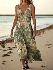 abordables Robes Floraux Imprimés-Femmes Robe Longue Maxi Robe Robe Décontractée Robe débardeur Robe d&#039;été africain Quotidien Fête Plage Coupe régulière Fleuri Sans manches Col en V Jaune Bleu Vert foncé Vert Été