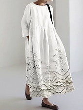 preiswerte Blumenkleid-Damen Midikleid Sommerkleid A Linie Kleid Urlaub Lässig Strand Ferien Lässiger Schnitt Blumen Grafik Langarm Rundhalsausschnitt U-Boot-Ausschnitt Weiß Sahne Rosa Khaki Sommer Frühling Herbst