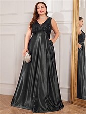 cheap BLACK-A-Line Plus Size Dresses Elegant Curve Dress Formal Wedding Floor Length Sleeveless V Neck Satin V Back with Pleats