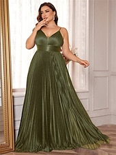 baratos VERDE-Vestidos A-Line Plus Size Vestido Elegante Curvas Formal Casamento Comprimento Total Sem Mangas Decote em V Cetim Costas Descidas com Pregas