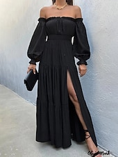 preiswerte Frauen schwarzes Kleid-Damen Langes Kleid Maxikleid Schößchen Kleider Mode Modern Outdoor Urlaub Ferien Normale Passform Einfach Dreiviertelarm Schulterfrei Schwarz Rote Beige Sommer