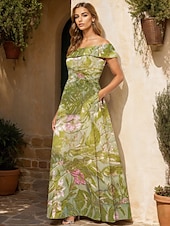 billige blomster-Grønn Jacquard Brocade Blomster A-linje Kveldsdrakt Elegant Kjole Formell Bryllup Gulvlengde Korte Ermer Avskjær Nylon med Lomme