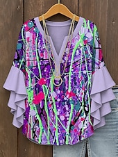 abordables Hauts d&#039;Art et de Design pour Femmes-Femmes Chemisier Graphique Abstrait Bohème ancien Quotidien Manche 3/4 Col en V Hauts Réguliers Quotidien Fête Vêtements de vacances Imprimé Jaune Rouge Bleu Violet Vert Été Printemps Automne