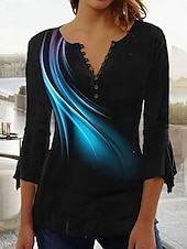 billige Kunst &amp; Design t-skjorte-Dame Tunika Nyanse Grafisk Abstrakt Elegant Årgang Stilfull 3/4 ermer V-hals Vanlige topper Daglig Ut på byen Knapper Svart Blå Vår Høst