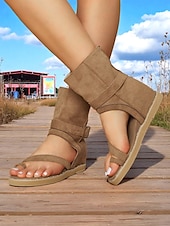 billiga Semester Sandaler-Bruna gladiatorsandaler med vristrem, dragkedja och spänne för dam – bohemiska platta stövlar med öppen tå för sommarfestivaler, camping och vardagligt utomhusbruk