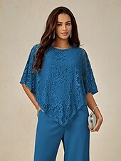 tanie Eleganckie topy-Damskie Bluzka Eleganckie topy Równina Elegancja Rękaw 1/2 Półgolf Zwykłe topy Gość weselny Codzienny Koronka Niejednolita całość Wielowarstwowy Niebieski Lato Wiosna