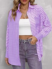 economico Giacche per camicie-Per donna Camicia Blusa Plaid Moderno Casual Manica Lunga Colletto a Camicia Top Regolari Quotidiano Uscire Tasca Bottoni Viola Marrone Autunno