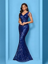 abordables BLEU-Robes de Quinceanera sirène  trompette élégantes formelles pour mariage longueur de sol sans manches en V sequins avec sequins