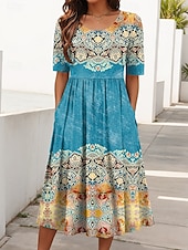 tanie Sukienka boho-Damskie Sukienka midi Letnie sukienki Plisowana sukienka Urlop Codzienny Święto Regularny Graficzny Geometryczny Rękaw 1/2 Półgolf Czerwony Niebieski Fioletowy Lato Wiosna