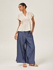economico Pantaloni-Per donna Femminile Culotte Gamba Larga Lunghezza intera Elegante Casual Casuale Blu scuro Tutte le stagioni XS S M