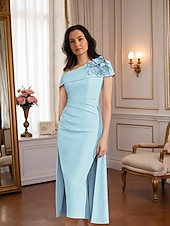 abordables Longueur du thé-Robe fourreau  colonne robe mère de la mariée robe formelle élégante vintage épaule unique longueur thé tissu extensible manches courtes avec appliques plissées robe de derby robe de jour de course