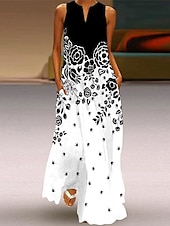 ieftine Rochii florale-Pentru femei Rochie Maxi Rochie de Vară Rochie A line Rochie de vară Vacanță Casual Boho Concediu Potrivire Largă Ombre Floral Grafic Fără manșon În V Gât crestat Negru și Alb Galben Deschis Magenta