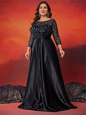 billiga SVART-A-Linjeklänningar Plus Size Elegant Kurva Klänning Formell Bröllop Golvlängd Långa Ärmar Runda Hals Siden med Pärlor