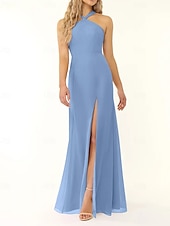 baratos Vestidos para Madrinhas-Vestido de dama de honra sereia/trompete, decote halter, sem mangas, elegante, longo, chiffon, com fenda frontal 2025