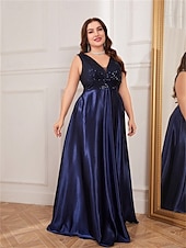 cheap BLACK-A-Line Plus Size Dresses Elegant Curve Dress Formal Wedding Floor Length Sleeveless V Neck Satin V Back with Pleats