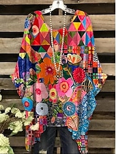 cheap Floral Tops-Women&#039;s Boho Shirt Floral Graphic Elegant Bohemia Active Short Sleeve Batwing Sleeve Crew Neck Regular Tops Daily Holiday Beach Wear Black White Red Blue Purple Summer Spring