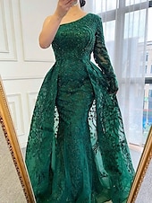 preiswerte GRÜN-A-Linie Abendkleid Elegant Kleid Formell Hochzeit Bodenlang Langarm Ein-Schulter Spitze mit Paillette 2025