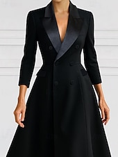 cheap Tea Length-A-Line Blazer Dress Mother of the Bride Dress Tuxedo Dress Elegant Simple Minimalist V Neck Peak Lapel Tea Length Midi Length Flap Pockets Stretch Crepe 3/4 Length Sleeve with Covered Buttons