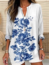 voordelige Bloemen tops-Dames Blouse Bloemig Stijlvol Modern Lange mouw V-hals Normale tops Dagelijks Feestdagen Afdrukken Wijn Marine Blauw blauw Paars Khaki Zomer