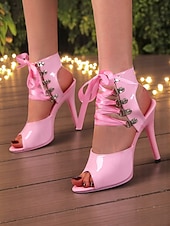 Недорогие Ночнаявечеринка-женские черные лакированные босоножки на шпильке со шнуровкой - сексуальные вырезы на высоком каблуке с пряжками для ночных клубов и вечеринок на крыше