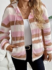 billige hettegenser jakke-Dame Fleece-jakke Hold Varm Glidelås Lomme Fritid Stribe utendørs Ferie Ut på byen Glidelås Normal Med hette Normal Langermet Yttertøy Rosa Vinter