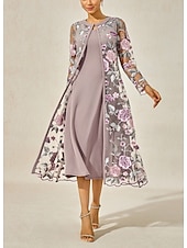 economico Abiti da festa-Per donna Vestito longuette Abito da cocktail Set di vestiti Abito da ospite di nozze Abito linea A Elegante Formale Matrimonio Feste Floreale Manica lunga Girocollo Grigio rosa